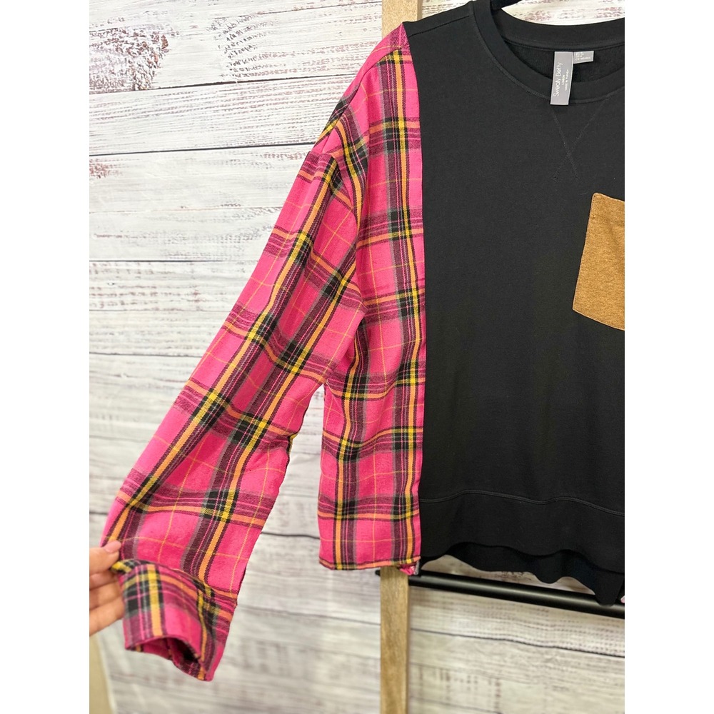 Upcycled Pink Plaid Flannel Sleeve Sweatshirt Oversized Pocket Top Fits up to XL - Picture 2 of 10
